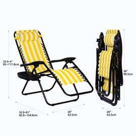 Nazhura Set of 2 Relaxing Recliners Patio Chairs Adjustable Steel Mesh Zero Gravity Lounge Chair Beach Chairs with Pillow and Cup Holder (Yellow Stripe)