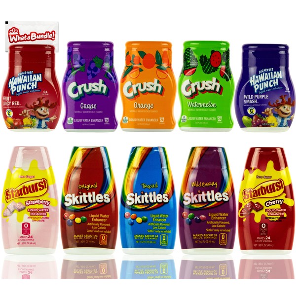 Liquid Water Enhancer Drops Variety Pack of 10 - Crush, Skittles, Starburst, and Hawaiian Punch Flavors - 10 Bottles of Sugar Free Water Flavoring Drops - WhataBundle! Variety Pack with Towelette