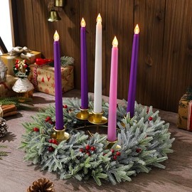 XunYee 12 Inch Advent Wreath 5 Candle Holder Set with 5 Flameless Candles Christmas Advent Berry Champagne Flower Wreath Rings for Table Centerpiece Fireplace Festival Home Church Decor(Fresh)