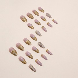 Press On Almond Acrylic Fake Nails with Golden Stripes, Full Cover, Reusable Coffin, Glossy False Nails - Stick On Nails for Women, Glue On Nails