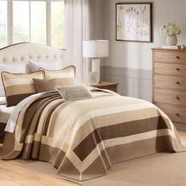 FineStichery Striped Queen Quilt Set - 100% Cotton Quilts, Queen Quilted Bedding Set, Farmhouse Patchwork Quilt, Lightweight Bedspread Coverlet for All Seasons, Brown, 3 Piece, 90"x98"