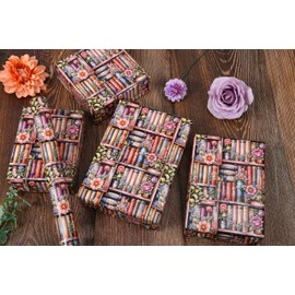 Sikiweiter Bookshelf Floral Wrapping Paper Roll - 17" x 16.5 Feet - Vintage Books and Flowers Design Elegant Gift Wrap for All Occasions