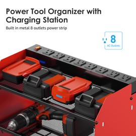 CCCEI Set Power Tool Organizer Wall Mount with Charging Station. Garage 8 Drills Storage Shelf with Hooks, Screwdriver, Drill Bit Heavy Duty Rack, Tool Battery Holder Built in 8 Outlet Power Strip.