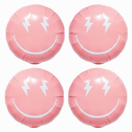 4PCS Pink Smiley Face Balloons 23 Inch/Pink Preppy Themed Party Decor/Preppy Y2k Hot Pink Party Balloons Smile Face Lightning Supplies for Teen Hippie Girls Bachelorette Early 2000s Theme