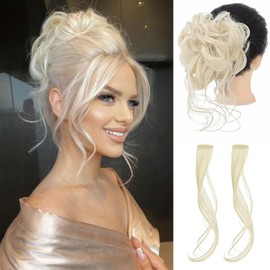 VANANGA Messy Claw Chignon Bun with Bangs Set 2 Pieces, Blonde Color Curly Bun with Long Side Bangs Clip in Hair Piece Wavy Hair Bun and Bangs for Women (#613-Blonde)