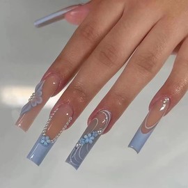 Press on Nails Long Coffin Shaped Glossy Full Cover Acrylic Square Long False Nails with Designs Artificial Extra Long Coffin Fake Nails with Charm Glue Stick on Fingernails for Women Girls(SGCY265)