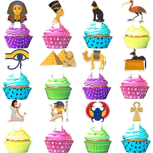 24-Pcs Egyptian Themed Happy Birthday Pyramid, Mummy and Pharaoh Cupcake