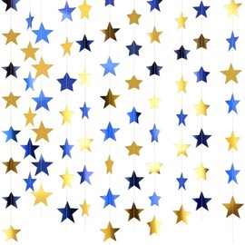 Gold Blue Glitter Star Garland Hanging Decorations, Streamer Bunting Banner Decorations,65 Feet, Twinkle Star Backdrop for Graduation, Birthday, Wedding, Christmas Party, New Year (Gold Blue)