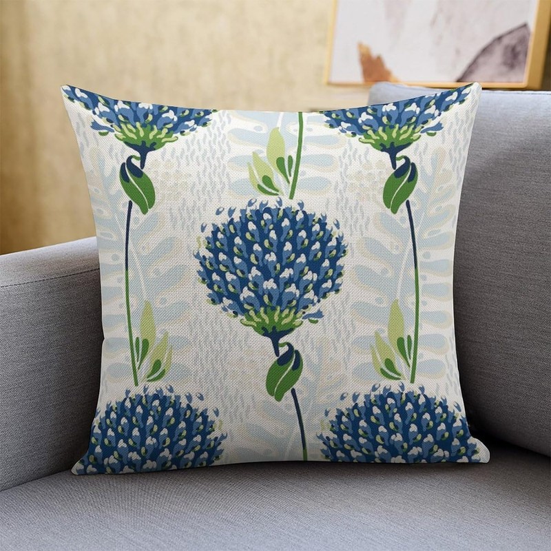 POMOTER Blue Flower White Check Throw Pillow Cover,Traditional Checkered Decorative