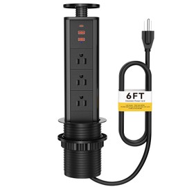Kungfuking Pop Up Outlet for Countertop, Socket with 3 AC Outlets & 2 USB-A 1 PD 20W USB-C Ports, Pull Power Kitchen Conference Office, 3-3/8 Inch(85MM) Hole Grommet Strip, Dark Black