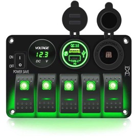 FXC Waterproof Rocker Switch Panel Green 5 Gang with QC3.0 USB & Type-C Slot Socket + Cigarette Lighter +LED Voltmeter with Power Save for Car Rv Marine Boat Truck