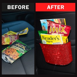 Cavalcade Car Trash Can, Hanging Trash Bin, Leakproof Garbage Organizer, Bling Vehicle Waste Basket, Mini Dustbin Container with Clip for Car, Office, Kitchen, Bedroom, Home and More, Red, Small