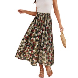 HERBATOMIA Women’s Floral Print Midi Skirt Flowy Boho High Elastic Waist Ditsy Green Summer Swing Beach Long Skirts for Women