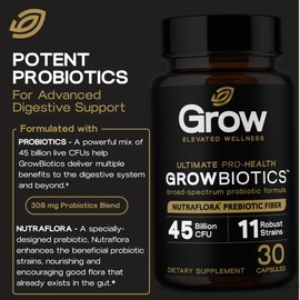 GrowBiotics Probiotic with Prebiotic Fiber – 45 Billion CFU, 11 Strains – Gut Health & Digestive Support – Delayed Release, Non-GMO, Dairy & Gluten Free – 30 Capsules