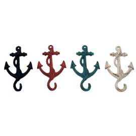 Wowser Beach Themed Decor- Rustic Cast Iron Anchors with Rope Wall Hooks, Assorted Colors, Set of 4, 6 Inches