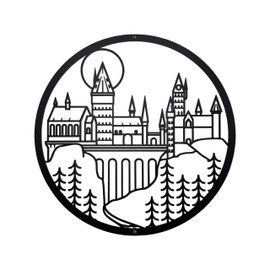 Magic School Metal Wall Decor Black Wizard School Wall Art Minimalistic Castle Wall Decor Round Wall Hanging Decor For Home, Bedroom, Bathroom, Living Room, Unique Housewarming, Christmas Gift (S)