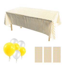 ZJDHPTY 3Pack Plastic Table Cloth Disposable, Yellow Checkered Tablecloth for Picnic Winnie The Pooth Bee Sunflower Birthday Party Decorations Size 54x108 Inch (Yellow+White Checker)