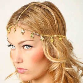 Inilbran Boho Layered Leaf Head Chain Vintage Sequins Leaf Hair Chain Headdress Gold Leaf Tassel Headband Headpiece Costume Hair Accessories Jewelry For Women