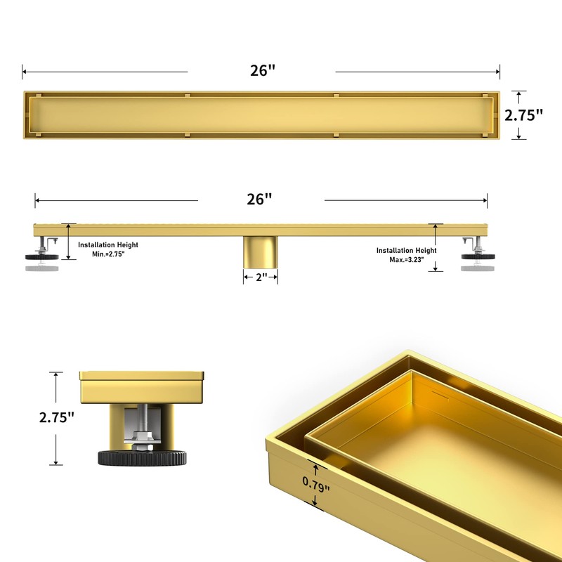 Bernkot Linear Shower Drain 26", Brushed Gold Floor Drain with
