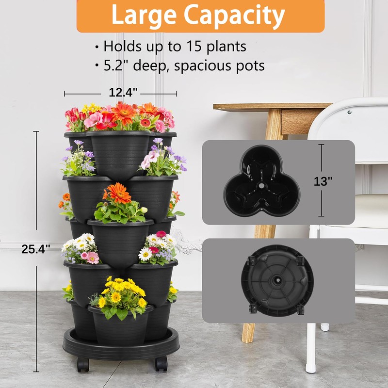 VECELO 5 Tier Vertical Garden Planter, Self Watering Stackable Planters