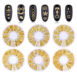 6 Boxs Nail Art Studs- 3D Nail Art Decorations Alloy Nail Studs Gems Hollow Out Star Moon Mix Styles Rivet Decals for Gel Nails DIY Decor (Gold)