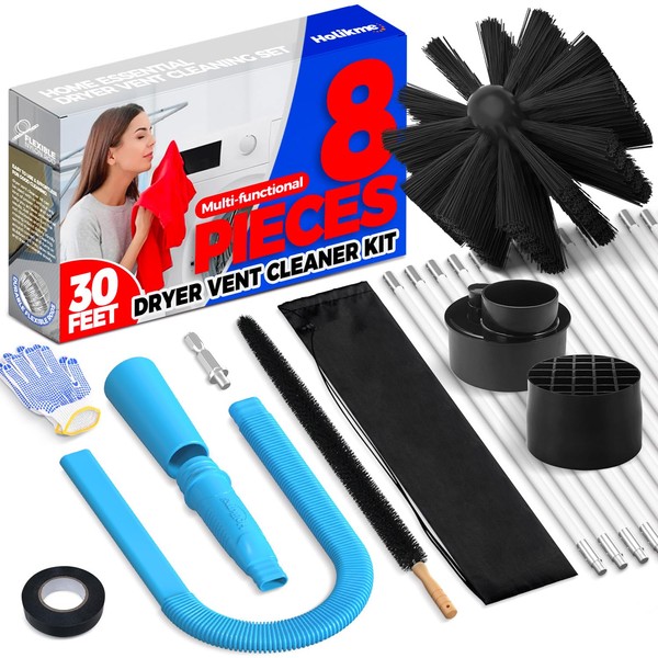 Holikme 8 Pieces Dryer Vent Cleaner Kit Dryer Cleaning Tools, Include 30 Feet Dryer Vent Brush, Omnidirectional Blue Dryer Lint Vacuum Attachment, Dryer Lint Trap Brush, Vacuum & Dryer Adapters