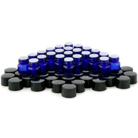 Vivaplex, 24, Cobalt Blue, 1 ml (1/4 Dram) Glass Bottles, with Orifice Reducers and Black Caps