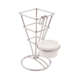 Restaurantware 2.5 Inch x 5 Inch French Fries Stand, 1 With Sauce Holder Fry Stand - Spiral, Scratch Resistant, Silver Stainless Steel Cone Holder Stand, For Snacks, Appetizers, Or Desserts