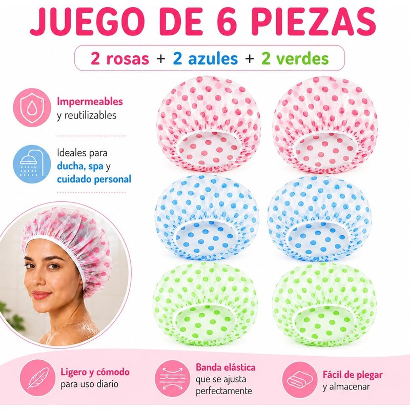 Janety Set 6 Gorros de Baño Impermeables para Mujer Protege