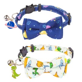 ADOGGYGO Cat Collar Breakaway with Cute Bow Tie Bell, 2 Pack Kitten Collar with Removable Bowtie, Universe Dinosaur Pattern Cat Bowtie Collar for Cats Kittens