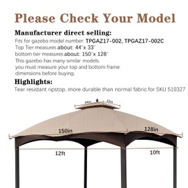 SCOCANOPY Light Beige Ripstop Replacement Cover for Lowe's Allen Roth 10X12 Gazebo Model #TPGAZ17-002C