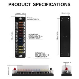 12 Way Marine Fuse Block, 12V/24V Fuse Box With LED Indicator Waterproof Cover, Standard Circuit Panel With Negative Bus for Automotive Car Truck Boat RV Trailer