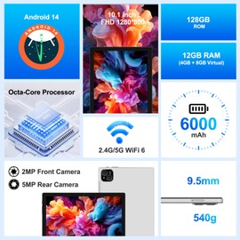 ATMPC Tablet, Android 14 Tablets 10 Inch, 12GB RAM 128GB ROM, 1TB Expandable, Octa-Core Tablet with Keyboard, Mouse, Stylus, 1280 * 800 IPS, 6000mAh Battery, WiFi 6,BT 5.4, Dual Camera