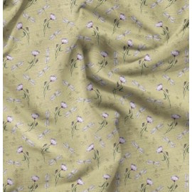 Soimoi Beige Cotton Voile Fabric Dragonfly & Floral Printed Craft Fabric by the metre 42 Inch Wide