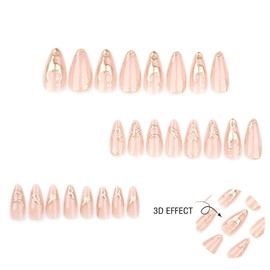 MouyouGlow Press on Nails Short, Almond Nude Base 3D Gold Wavy French Chrome Coquette Fake Nails with Nail Glue, Cool Metallic Stripes Artificial Fingernails