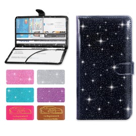 Weishenghuo Car Registration and Insurance Card Holder, Car Document Holder for Cards, Driver Vehicle License Document Glove Box Compartment Organizer, Car Essentials (Glitter Black)