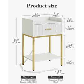 Apetaccat Nightstand with Charging Station, 3-Tier Bed Side Table, Small End Table, Night Stand with Open Shelf and Drawer, Bedside Table for Bedroom, Living Room, White