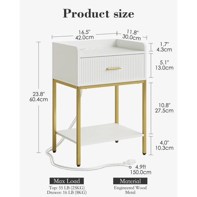Apetaccat Nightstand with Charging Station, 3-Tier Bed Side Table, Small