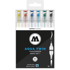 MOLOTOW Aqua Twin Marker Basic Set 1, Brush and Chisel Nib, Assorted Colors, 6 Marker Set, 1 Set Each (729.301)