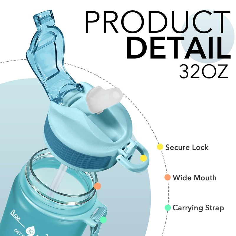 Hyeta 32oz Water Bottles with Straw - Stay Motivated and