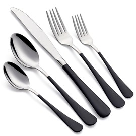 LKTDYMEG 20-Piece Black Silverware Set 18/0 Stainless Steel Silverware Set Black Handle Cutlery Set Service for 4 Dinner Knives Forks Spoons Set Flatware Set Finish Dishwasher Safe
