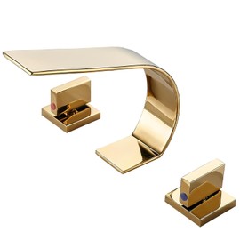 becola Gold Bathroom Faucet 3 Hole,Ultrathin Low Arc 8 inch Widespread Bathroom Faucet,Waterfall Bathroom Faucet,2-Handle Modern Vanity Faucet with Hot and Cold Water Supply Hoses
