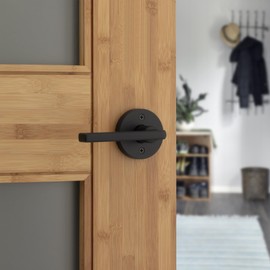 Kwikset Halifax Dummy Door Handle, Single Sided Round Lever for Closets, French Double Doors, and Pantry, Matte Black Non-Turning Reversible Interior Push/Pull Lever, with Microban Protection