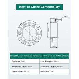 AINTIER 2" 6x5.5 to 8x180 Wheel Spacers Adapters Lug Centric 6 Lug 14x1.5 108mm Compatible with for Escalade 1999-2023| for Escalade ESV 2023-2023(Set of 2)