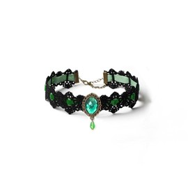 LOOKLITE Gothic Lace Choker Vampire Necklace for Women,Black Lace Green Crystal Pendant Necklaces for Halloween,Goth Black Necklace Jewelry Witch Costume Vampire Accessories