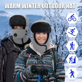 Winter Trapper Hat for Men & Women, Trooper Hunting Russian Fur Hat with Ear Flap & Mask Ushanka Aviator Hat for Cold Weather Grey