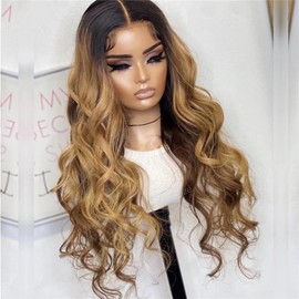 QTIKER 13x4/13x6 Transparent Lace Pre-plucked Ombre Blonde Body Wave Human Hair Wig (13X6, 18inch)