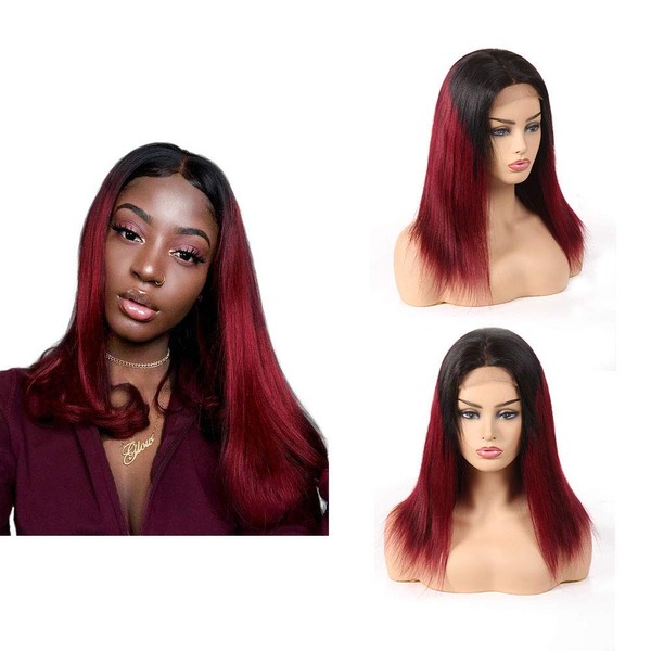 ALISFEEL Ombre Lace Closure Wigs 4x4 Lace Front Wig, Straight Human Hair Wigs with Baby Hair, Drak Red Pre Plucked Glueless Brazilian Hair Lace Wigs (14", 1B/99J, Straight, 150% Density)