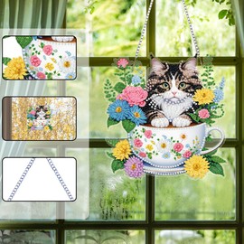 POETRYDRAW DIY Hanging Diamond Art Pendant Kit Flower Cup Cat, Special Crystal Acrylic Diamonds Painting Ornament for Adults, 5D Diamond Art Suncatchers Gem Painting Box Kit