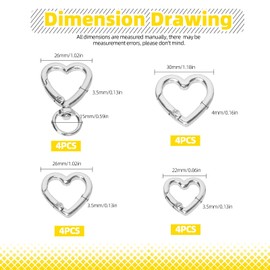 Mardatt 16 pieces 0.47/0.78/0.98 inch trigger spring O rings, heart carabiner clip binder, key rings, metal key ring, snap hook, buckle, circle, purse, shoulder bag, chain ring